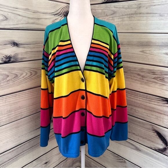 Lisa international Sweaters - Vintage Rainbow Colorful Striped Button Front Oversized Cardigan Sweater